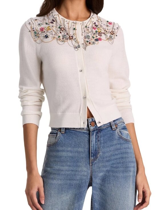 Alice + Olivia Tops - Alice and Olivia Dollie Wool Blend Embellished Cardigan (white)